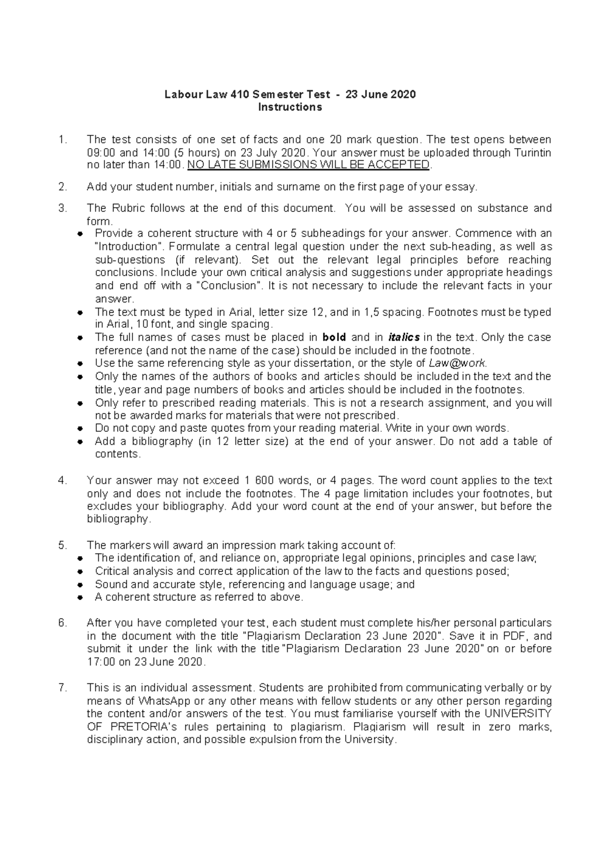 ABR 2021 test memo - Semester test practice - Labour Law 410 Semester ...