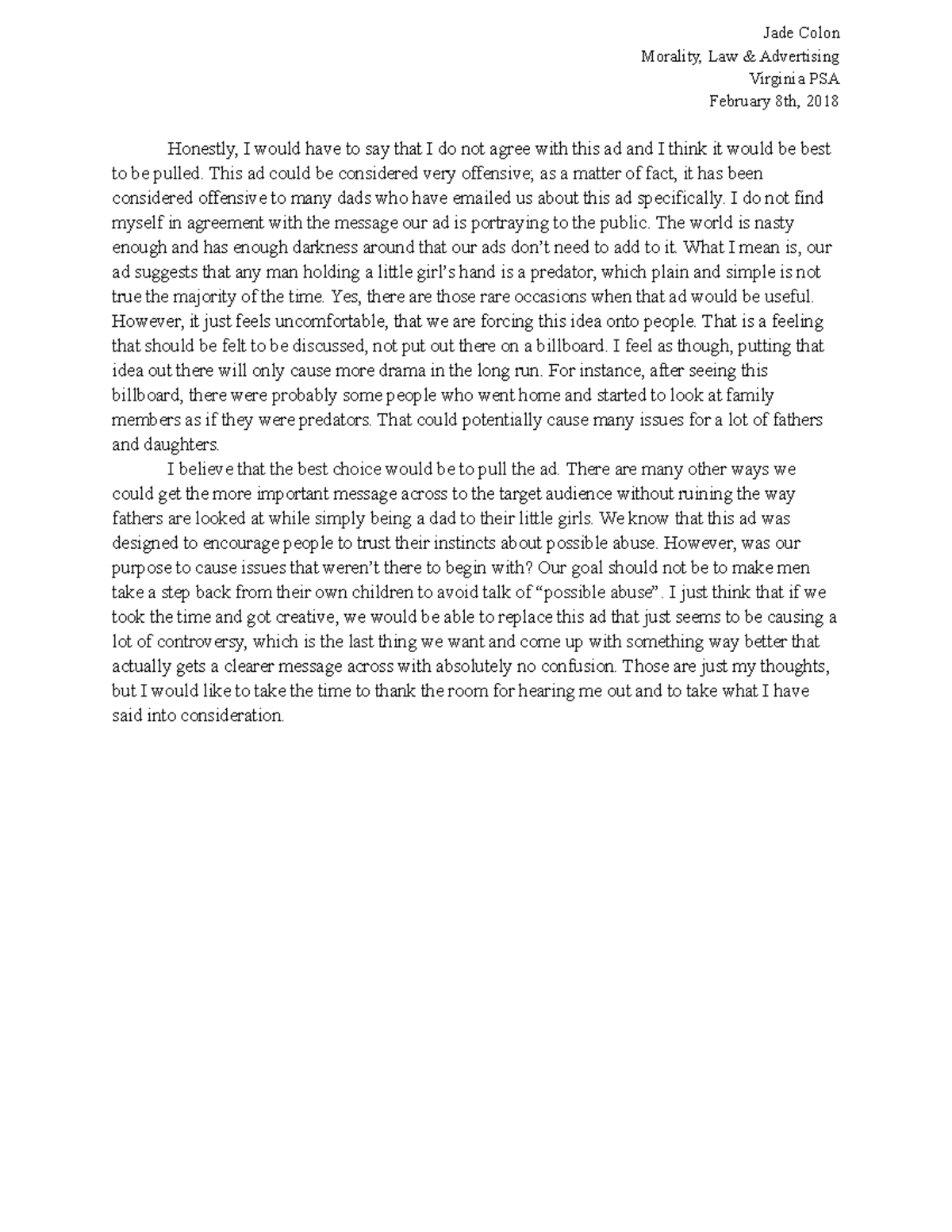 Virginia PSA Redo - redo of assignment in unit 3 - Jade Colon Morality ...