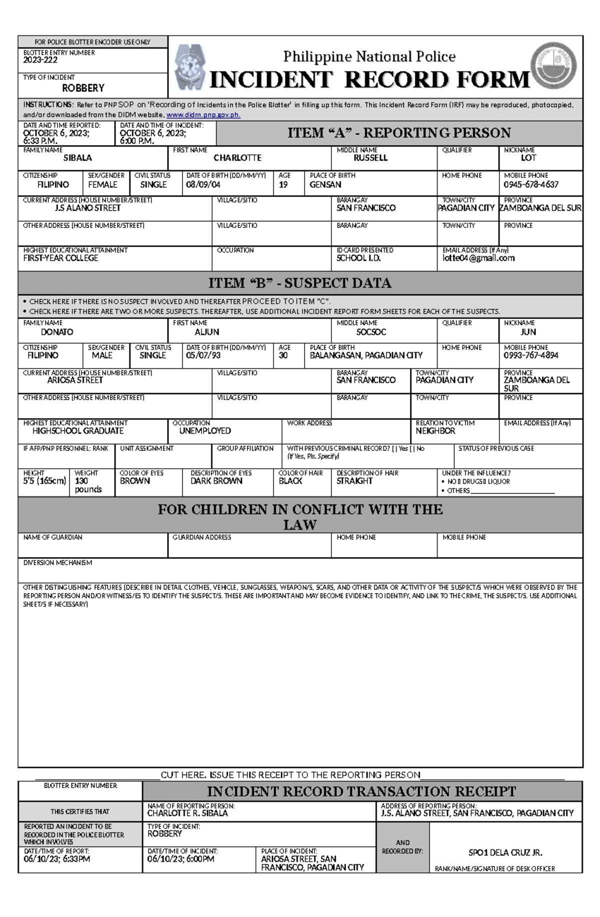 Incident Record Form - for legal - FOR POLICE BLOTTER ENCODER USE ONLY ...