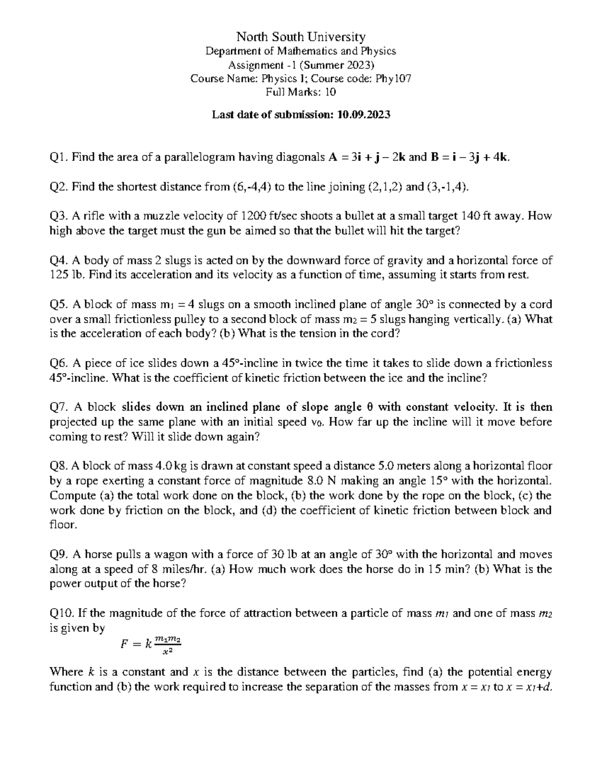 Assignment 1 Phy107 Smr2023 North South University Department Of Mathematics And Physics Studocu Assignment 1 Phy107 Smr2023 North South University Department Of Mathematics And Physics Studocu