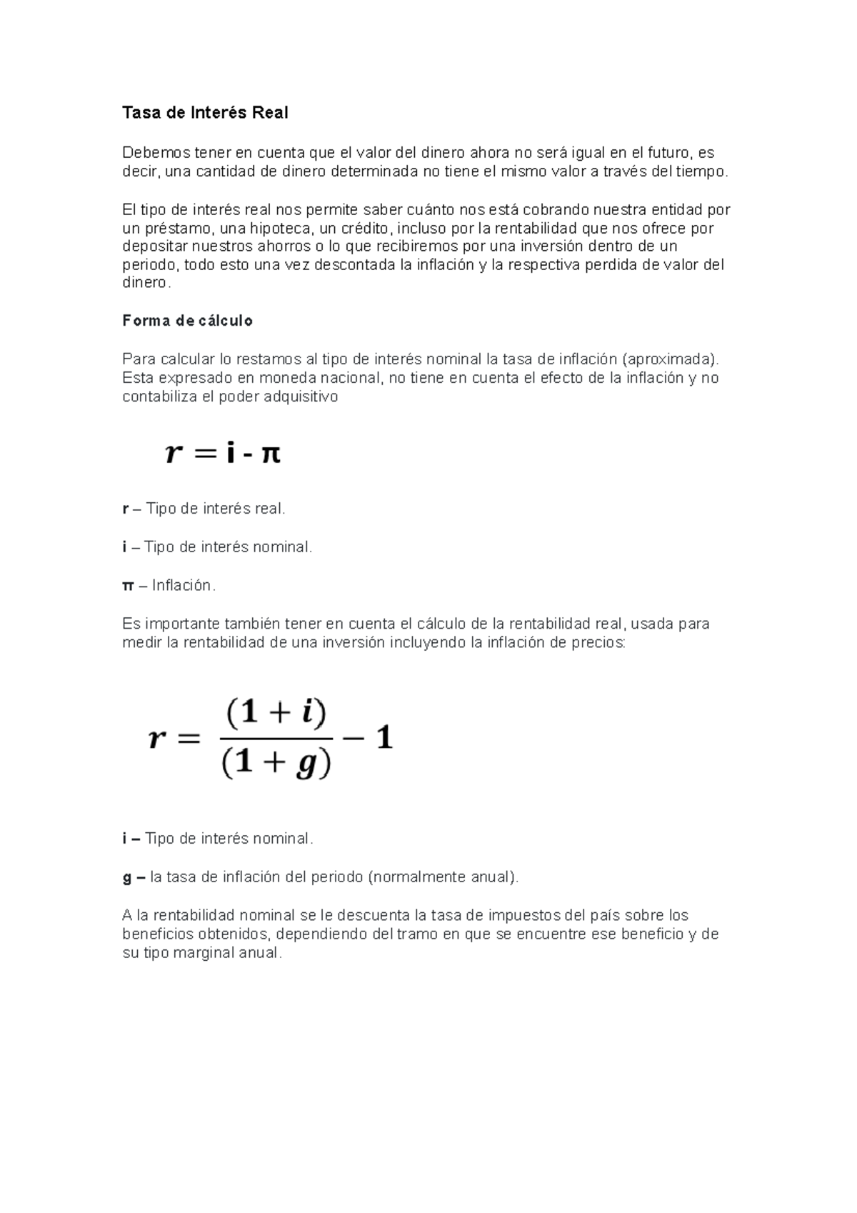 Tasa de Interés Real - Apuntes de la clase de tasa de interes - Tasa de ...