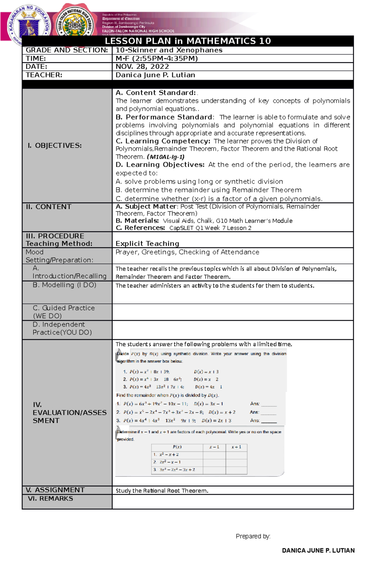 DLP-November 28,2022- math 10 - LESSON PLAN in MATHEMATICS 10 GRADE AND ...