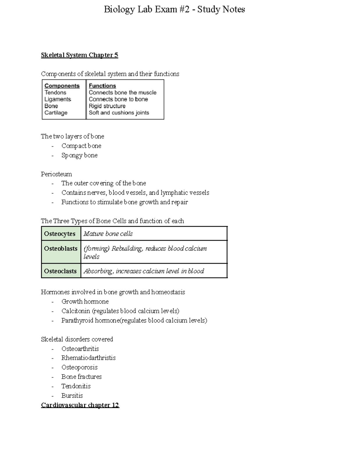 Biology Lab Exam #2 study Notes - Skeletal System Chapter 5 Components ...