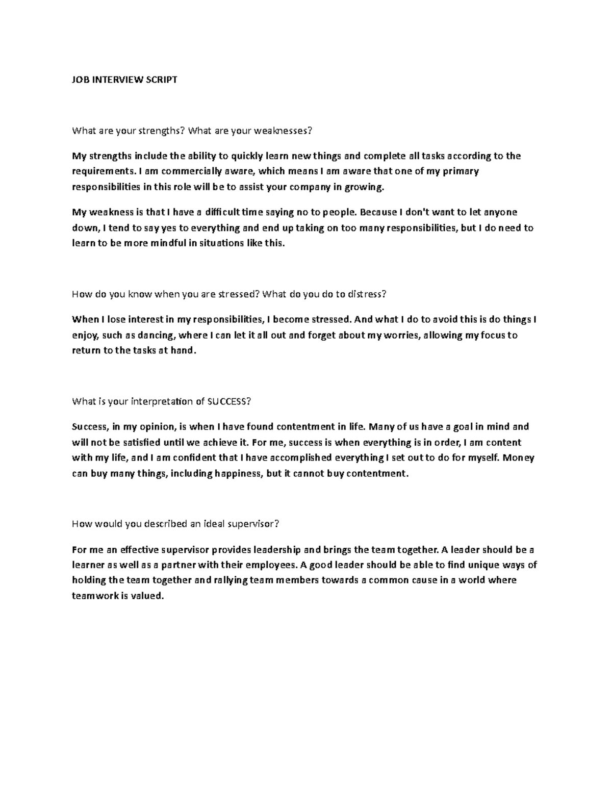JOB Application Script JOB INTERVIEW SCRIPT What are your strengths