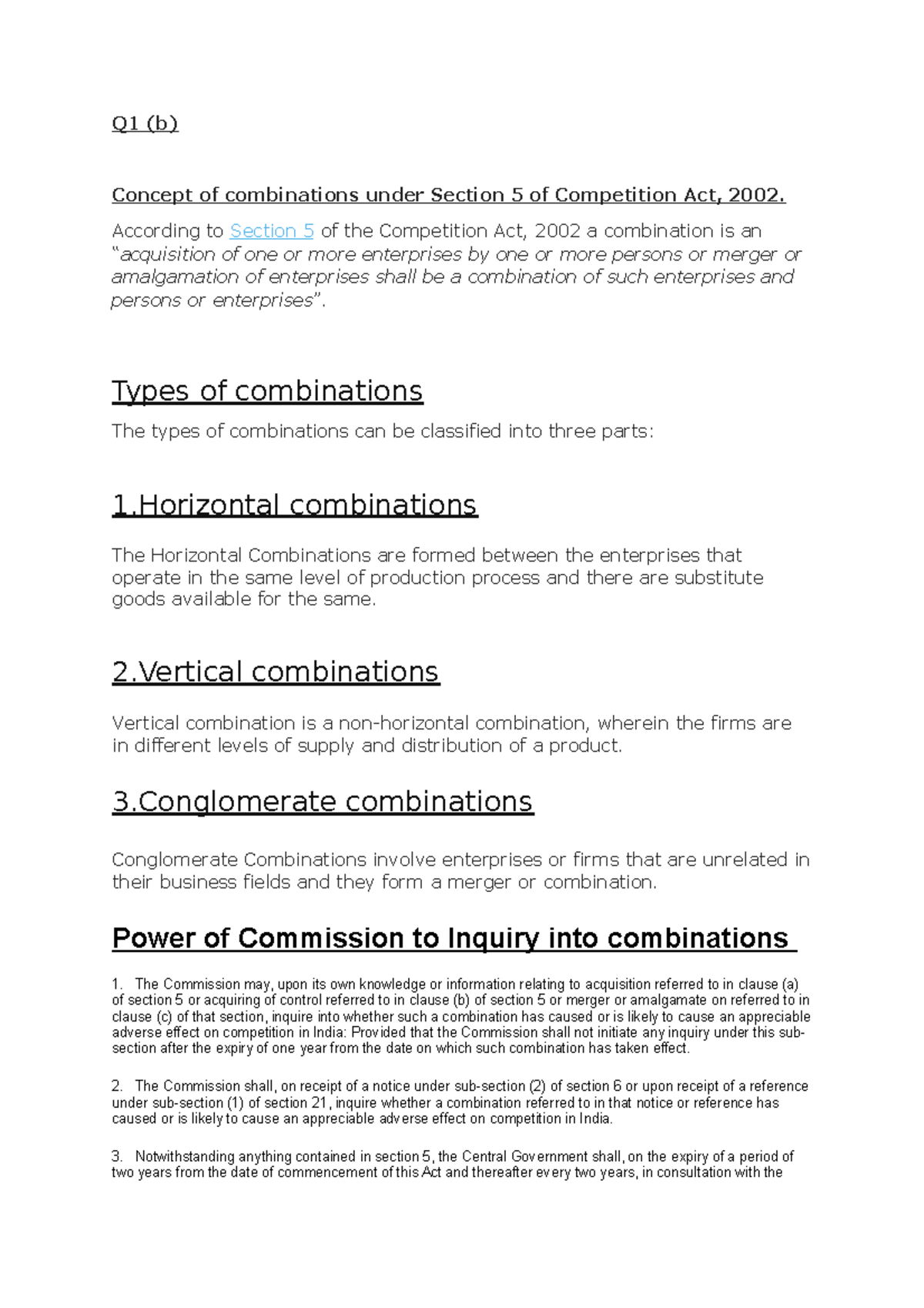 Competition Law Study Q1 (b) Concept of combinations under Section 5