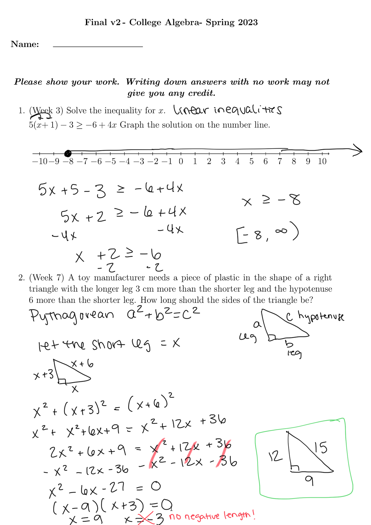 Practice Final Exam MW Solutions - Final v2 - College Algebra- Spring ...