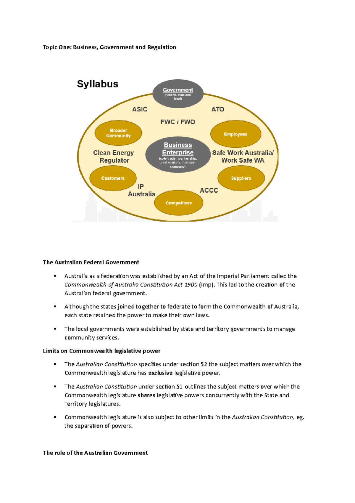 Topic One - Lecture 1 summary - Topic One: Business, Government and ...