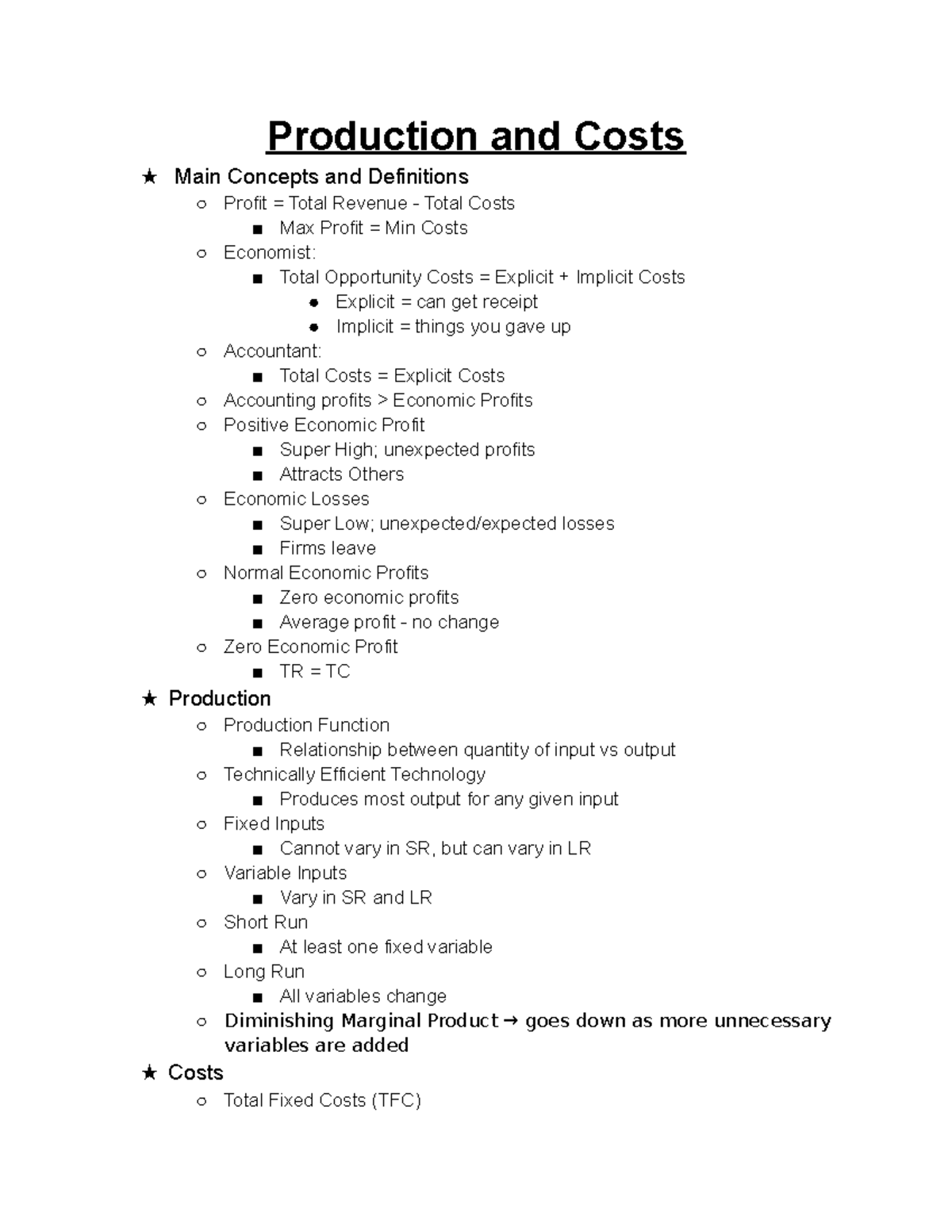 [Textbook Notes] CH - Econ notes - Production and Costs ★ Main Concepts ...
