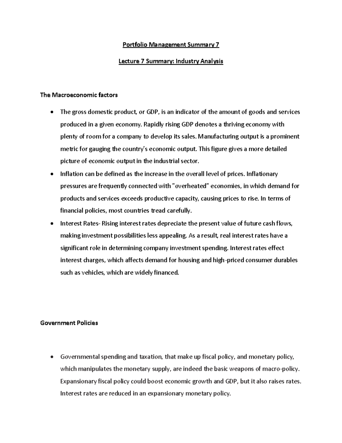 Portfolio Management Summary 7 Industry Analysis Portfolio
