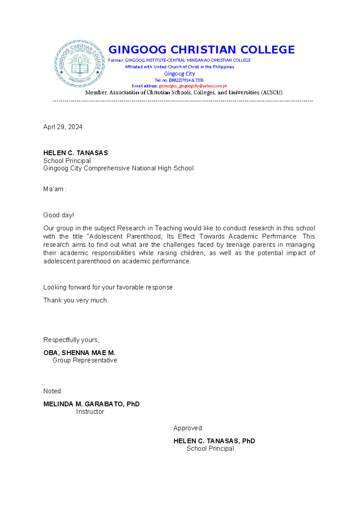 Final letter Request OBA - GINGOOG CHRISTIAN COLLEGE Former: GINGOOG ...