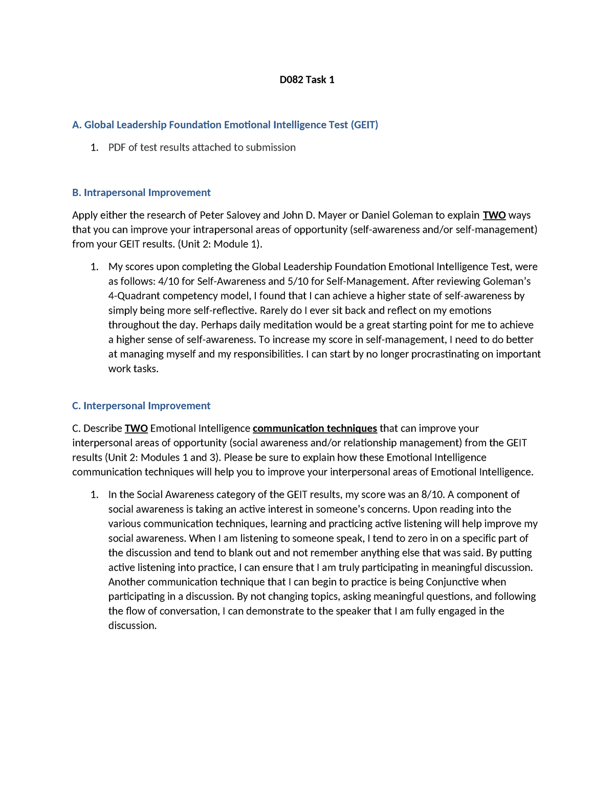 D082 Task 1 (Passed) - D082 Task 1 A. Global Leadership Foundation ...