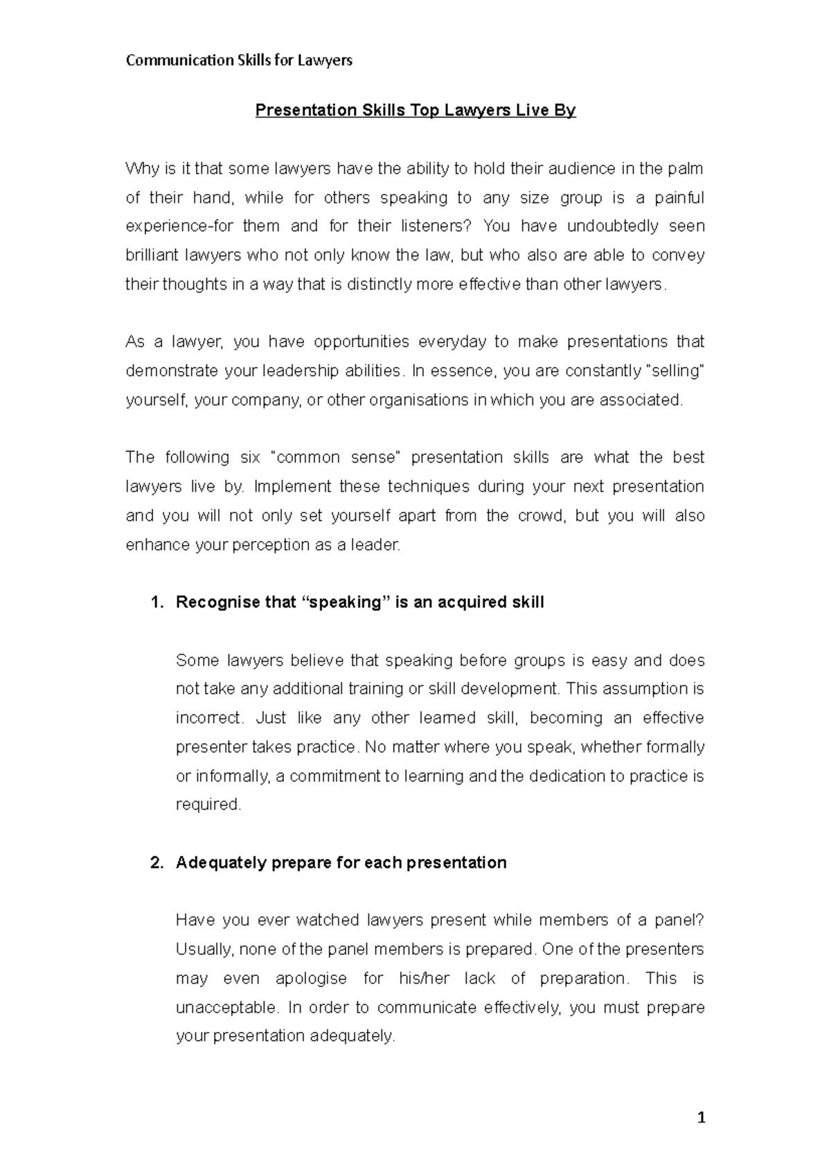 Comm 21 - Lecture notes 1 - Communication Skills for Lawyers ...