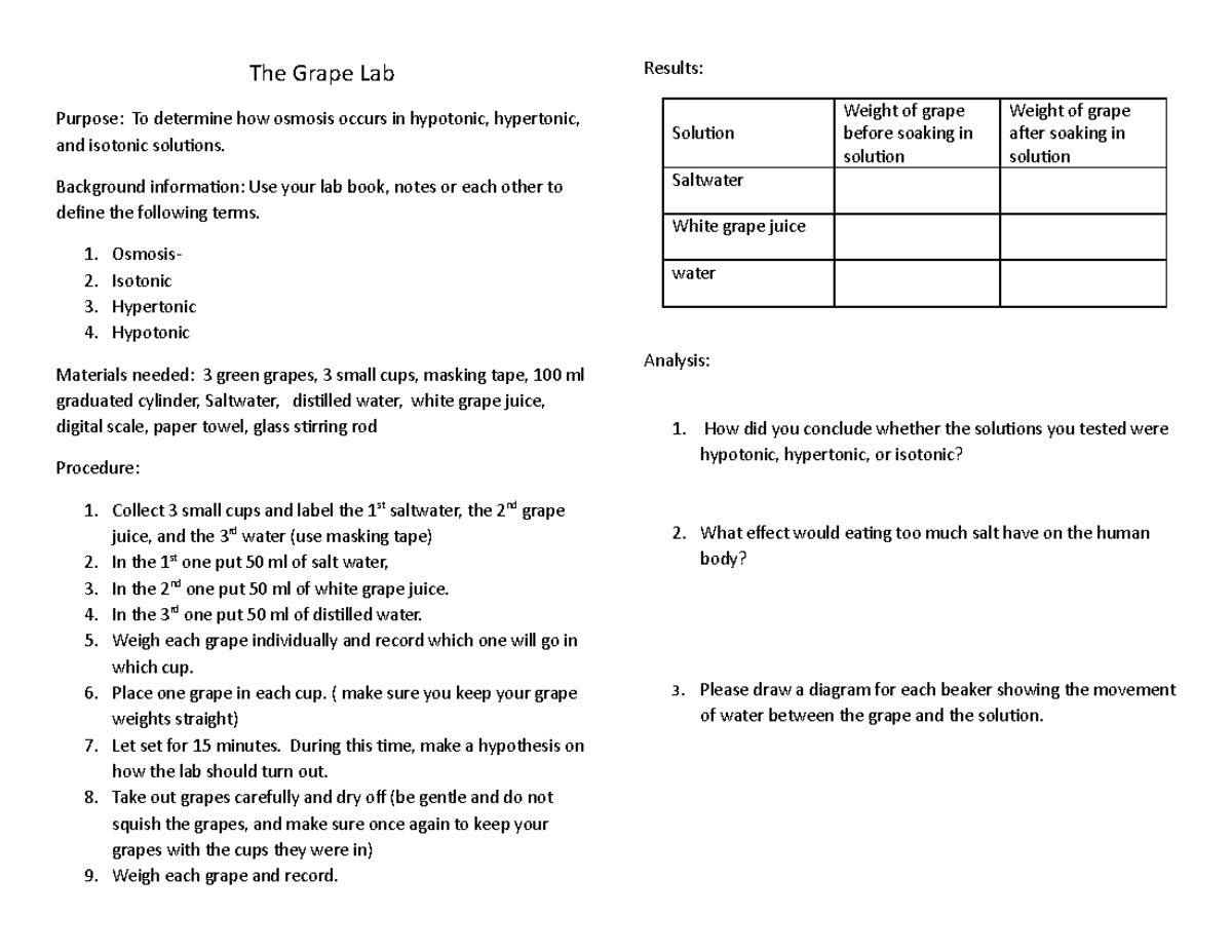Grape Osmosis The Grape Lab Purpose To determine how osmosis occurs