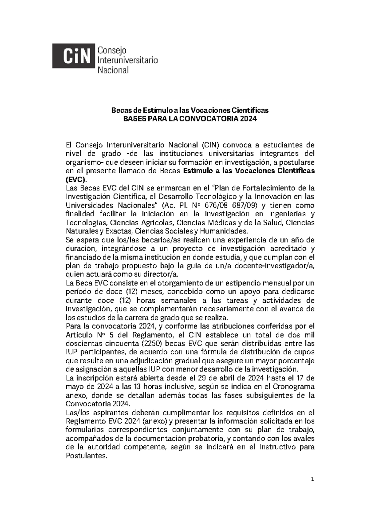 94 Bases EVC CIN 2024 - 1 Becas de Estímulo a las Vocaciones ...