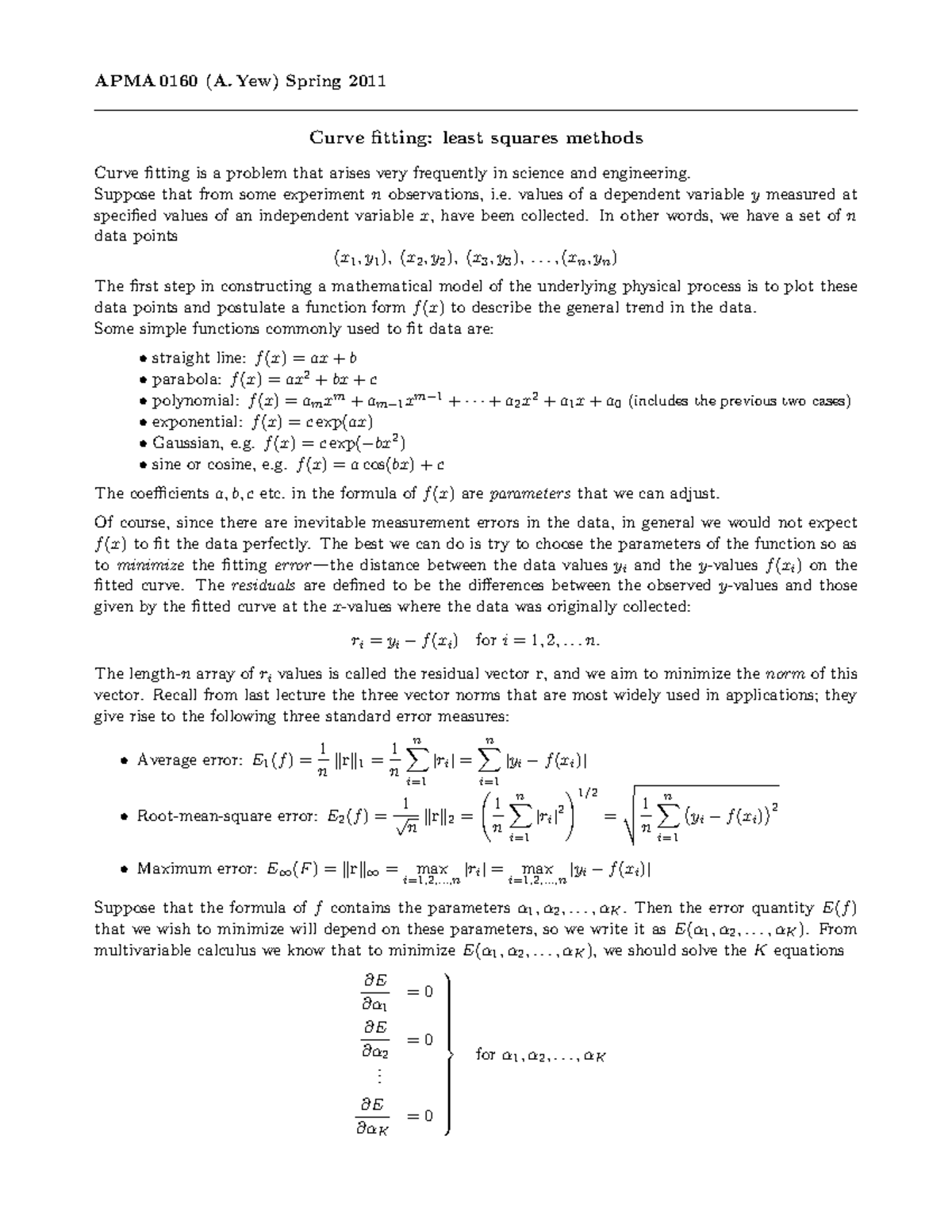 Least square method apma 0160 a yew spring 2011 curve fitting