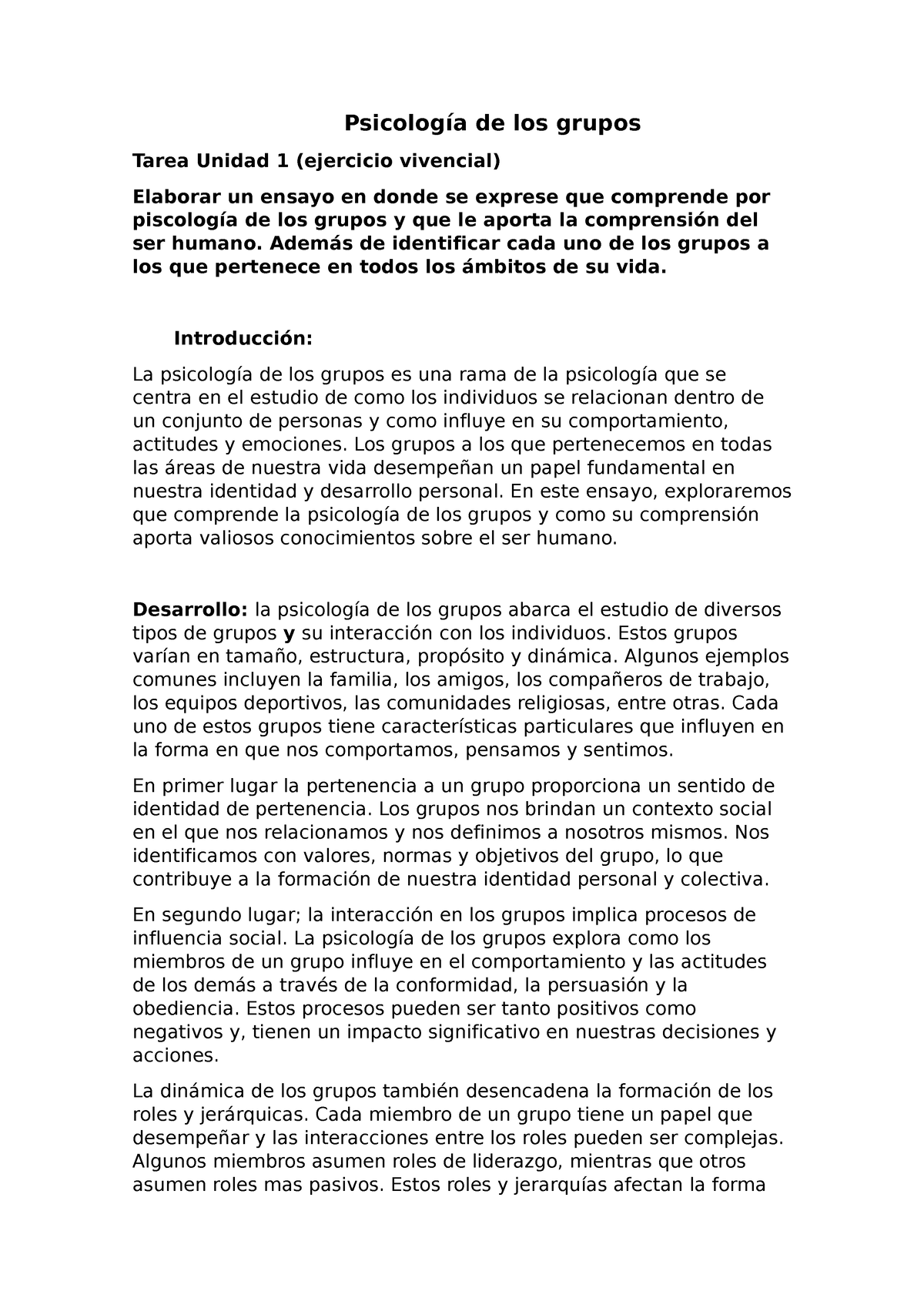 Psicologia De Los Grupos Unidad 1 - Psicología De Los Grupos Tarea ...