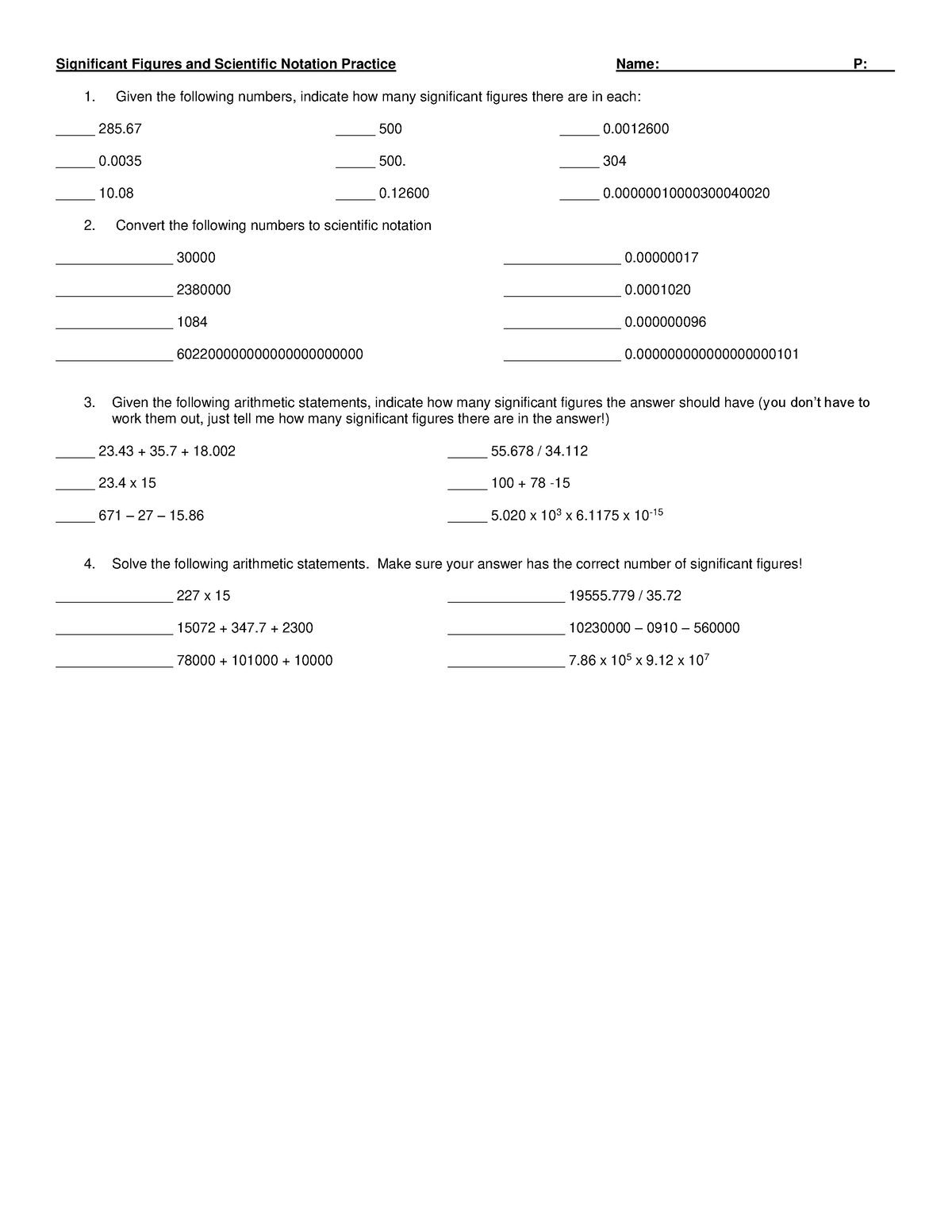 Significant Figuresand Scientific Notation Worksheet 1 Significant