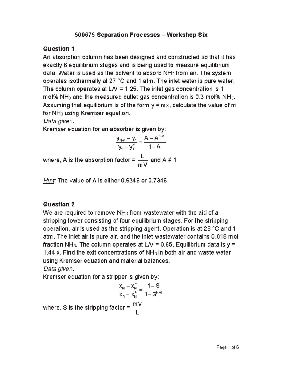Workshop Six - Class exercise - 500675 Separation Processes – Workshop ...