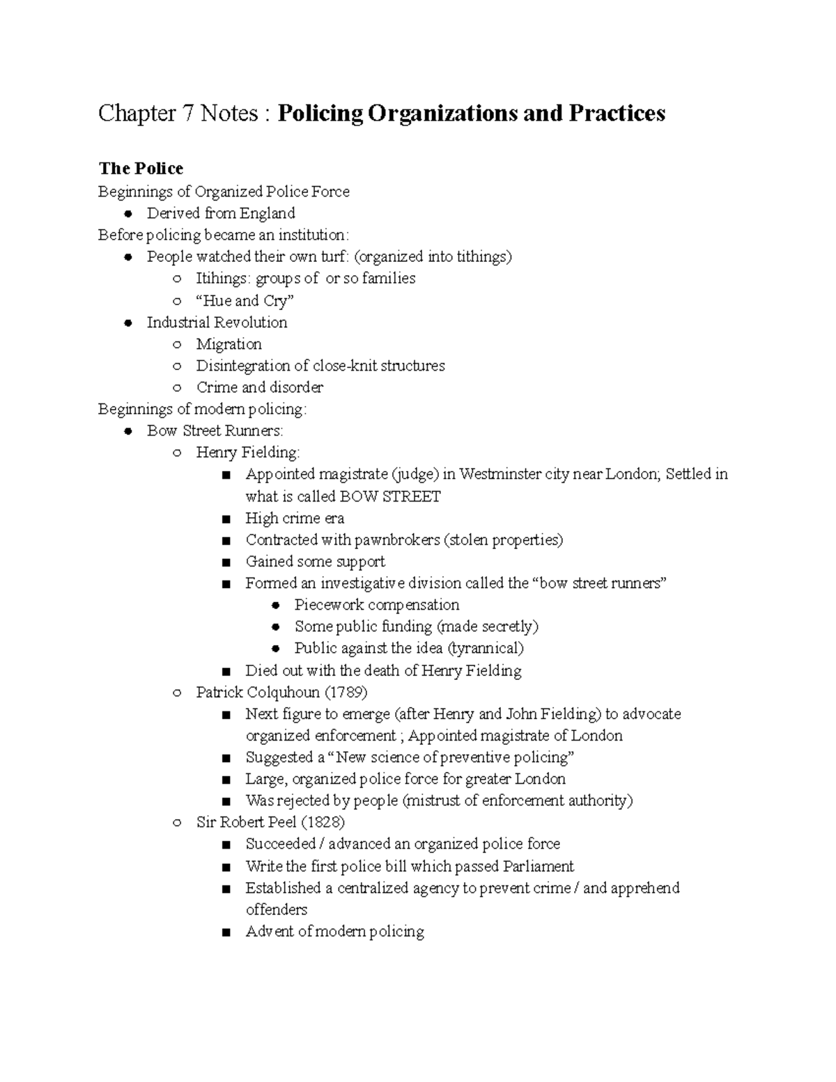 Chapter 7 Criminal Justice Notes - Chapter 7 Notes : Policing ...