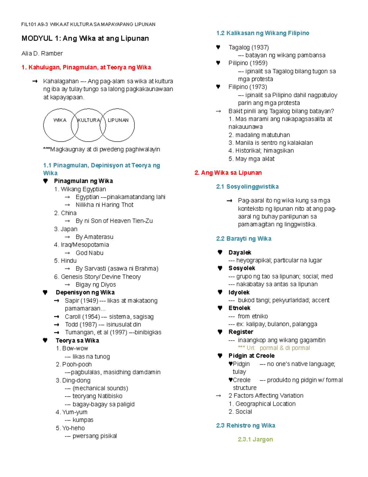 M1 Reviewer - FIL101 A9-3 WIKA AT KULTURA SA MAPAYAPANG LIPUNAN MODYUL ...