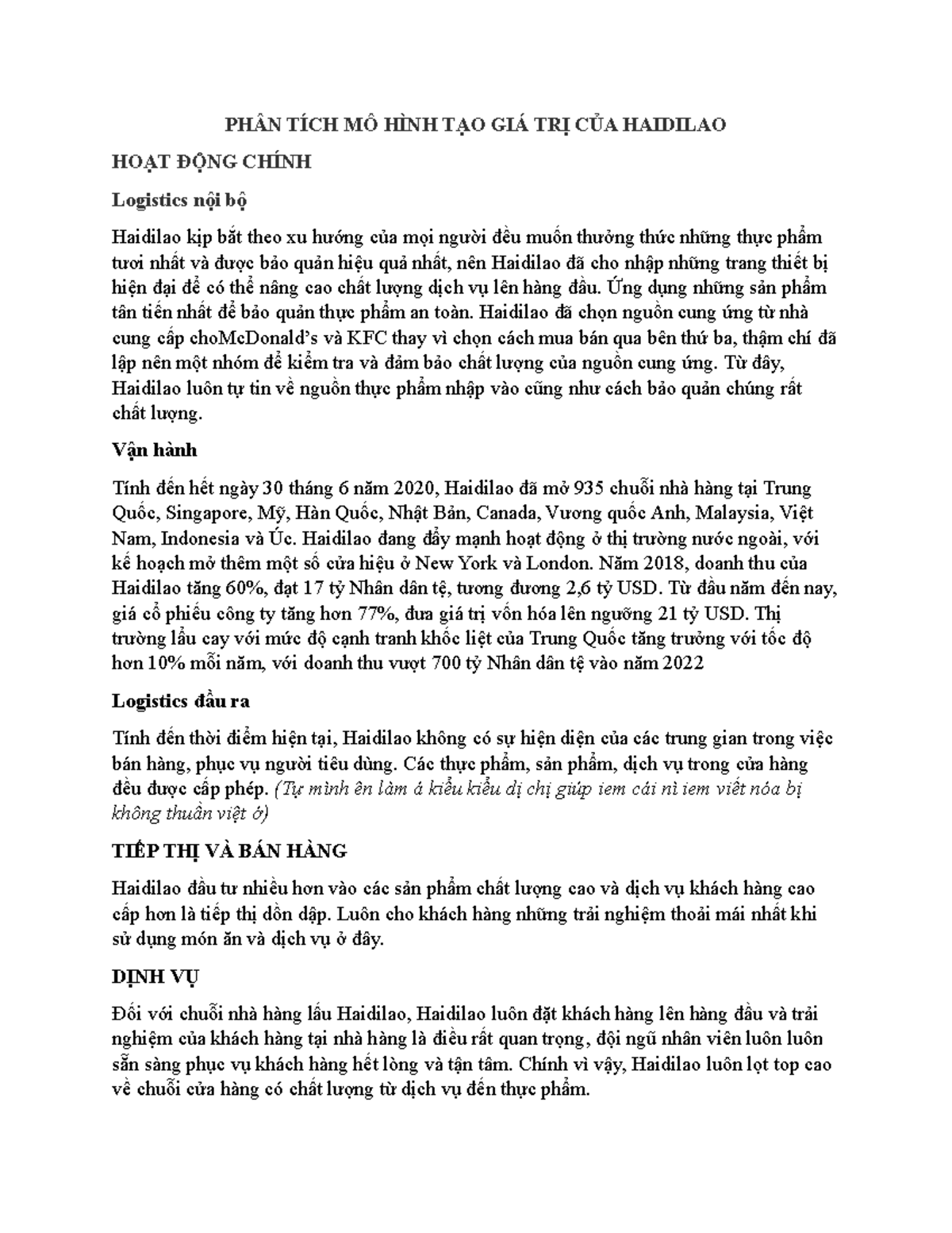 PHÂN TÍCH MÔ HÌNH TẠO GIÁ TRỊ CỦA Haidilao PHÂN TÍCH MÔ HÌNH TẠO GIÁ