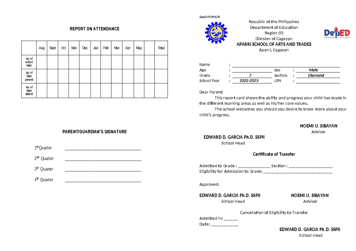 Report-CARD course - DepEd FORM Republic of the Philippines Department ...