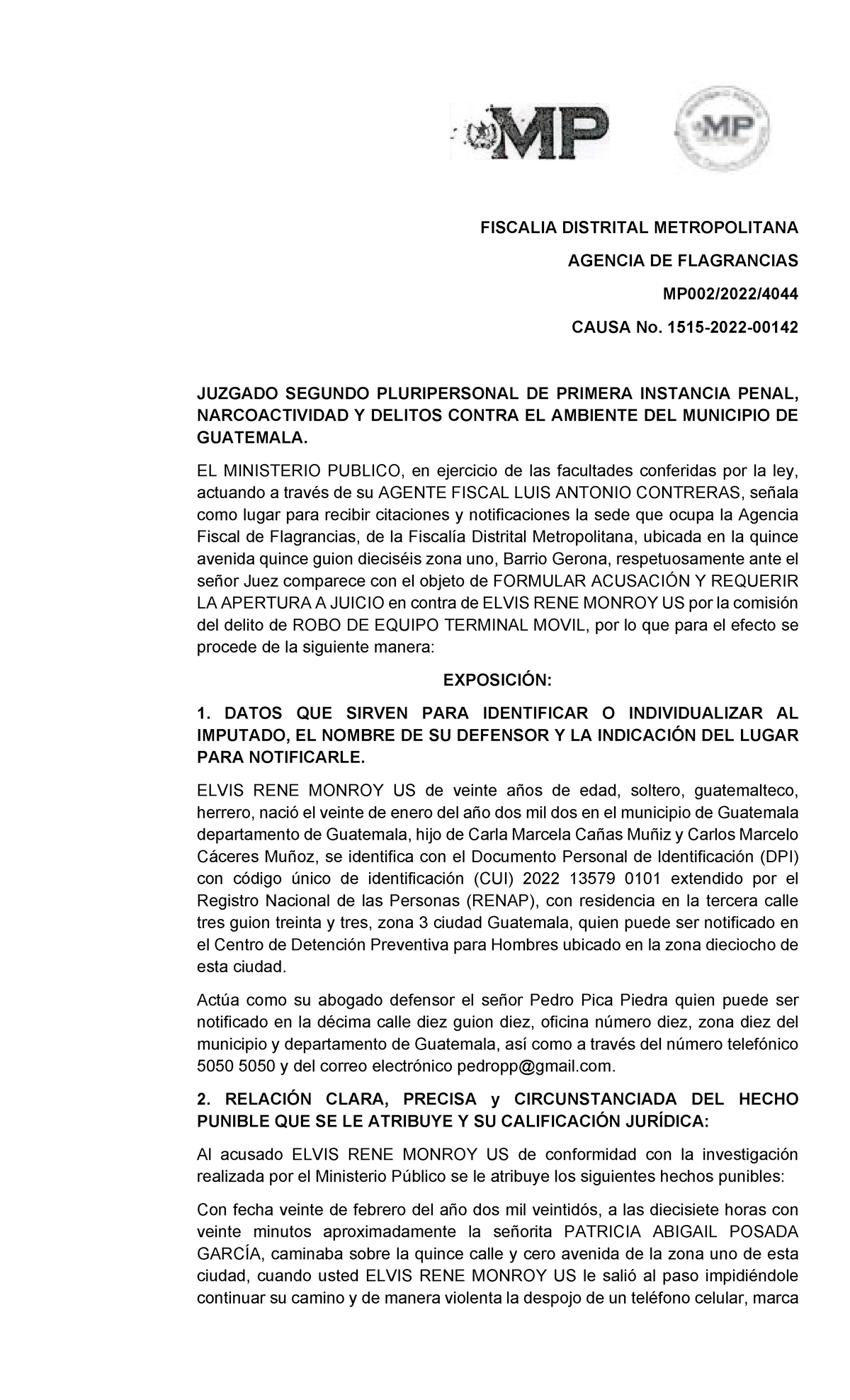 Escrito De Acusación Y Apertura A Juicio Mp Fiscalia Distrital