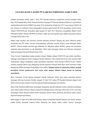 Analisa Kasus Audit Pt Garuda Indonesia Tahun 2018 Studocu