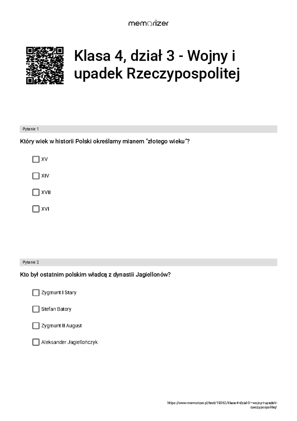 Sprawdzian Kl.4dzial 3wojny I Upadki Rzeczypospolitej