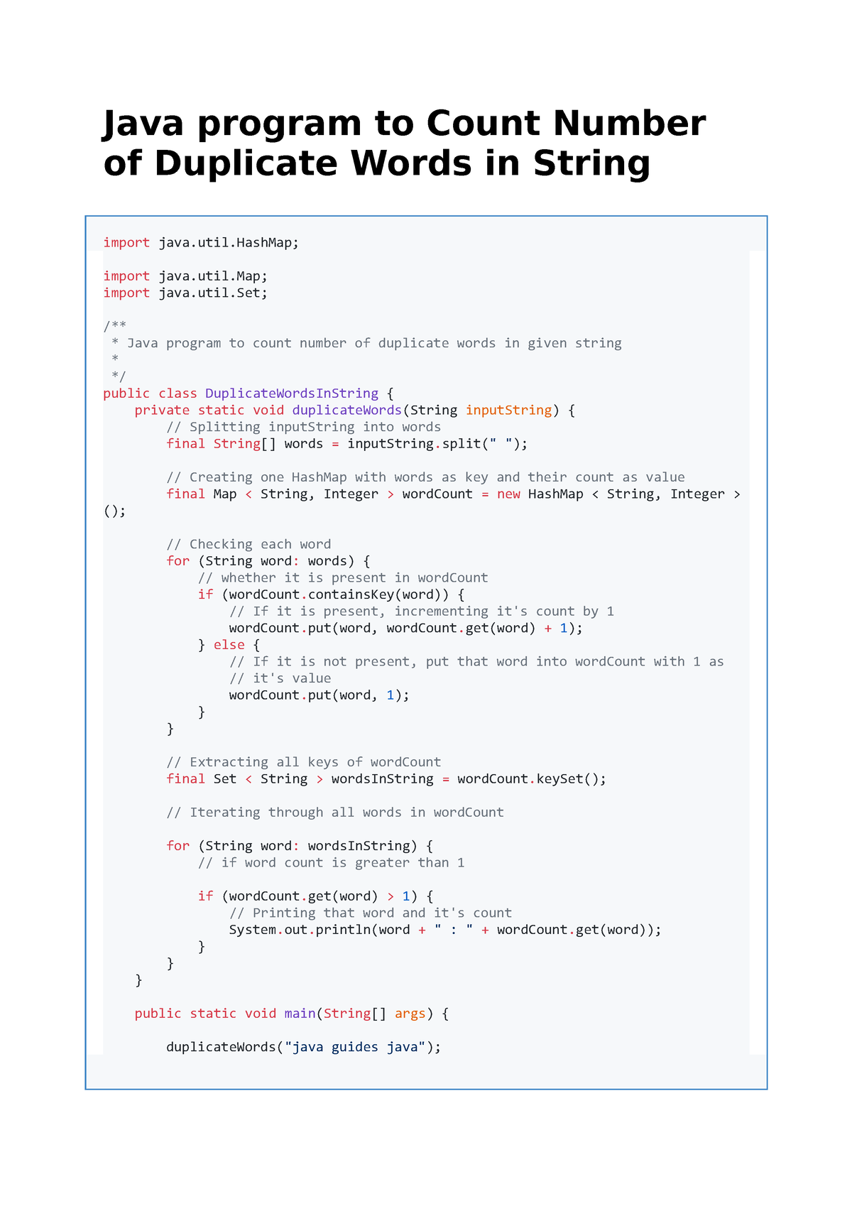 Count Number Of Duplicate Words In String Java Program To Count 