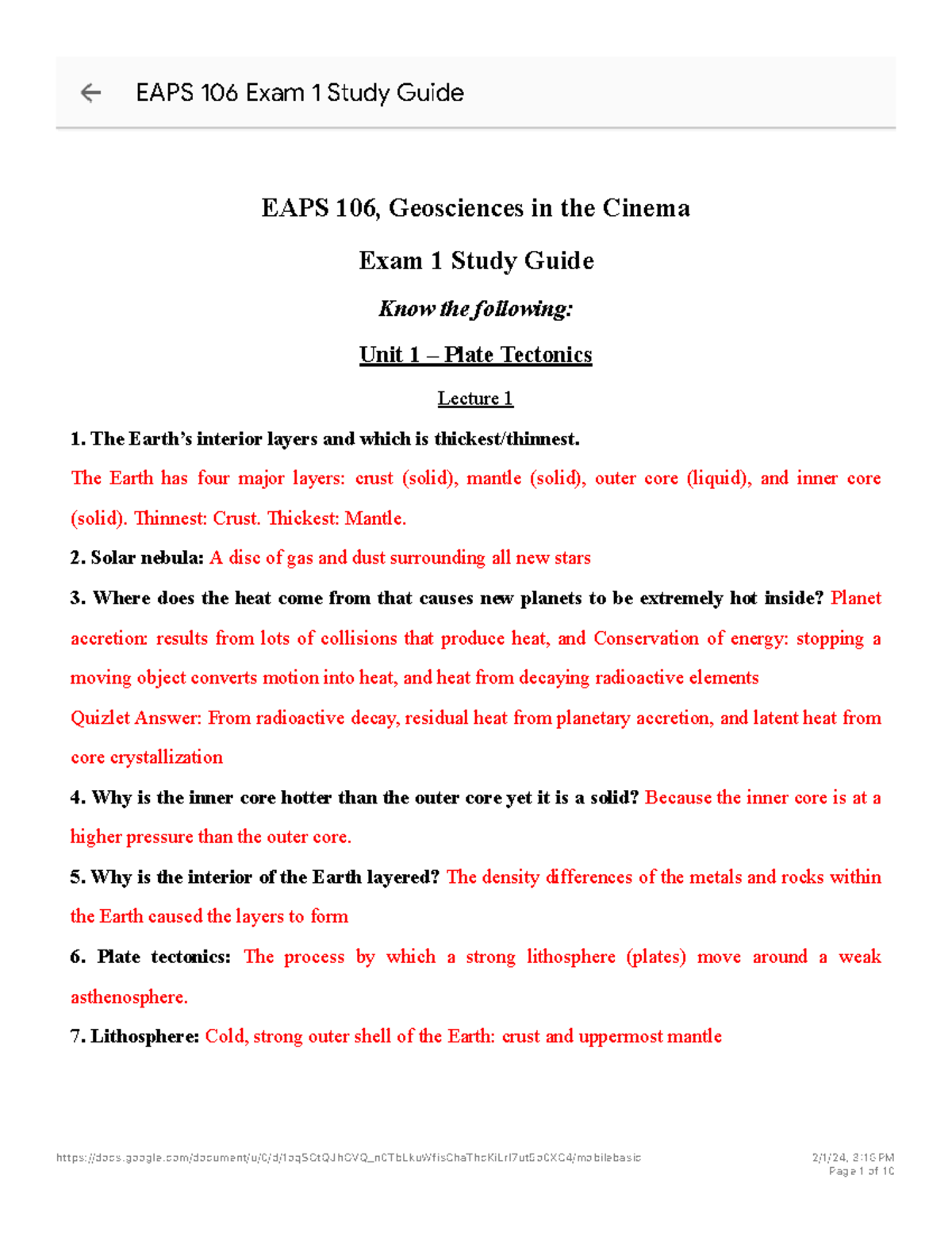 EAPS 106 Exam 1 Study Guide - EAPS 106, Geosciences In The Cinema Exam ...