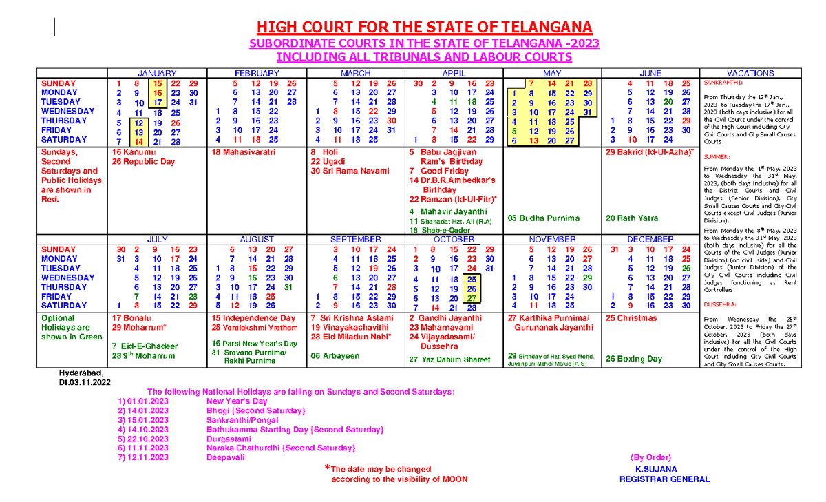 Calendar 2023 ggggggggggggg HIGH COURT FOR THE STATE OF TELANGANA