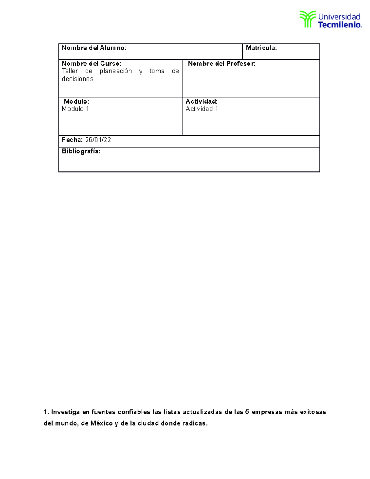 Act 1- taller de decisiones - Nombre del Alumno: Matricula: Nombre del ...