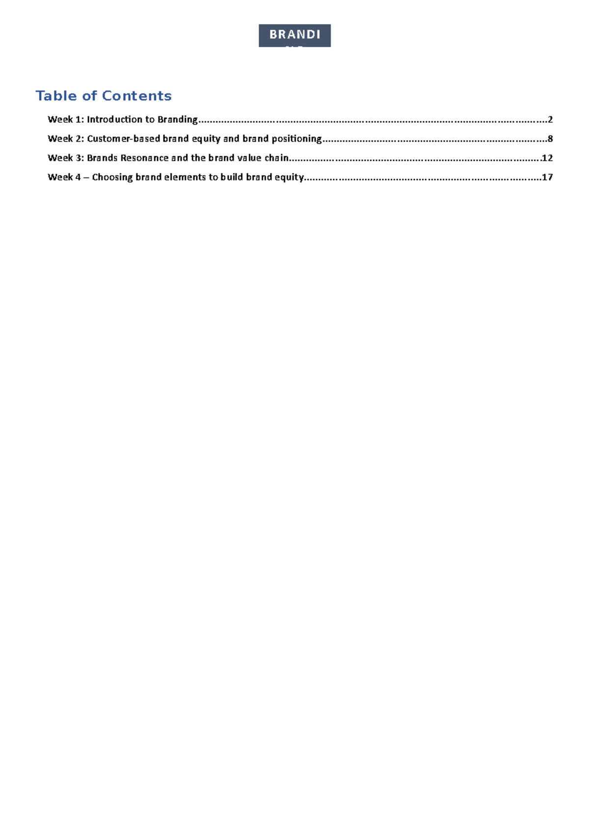 Branding Lecture Notes - Table of Contents Week 1: Introduction to ...
