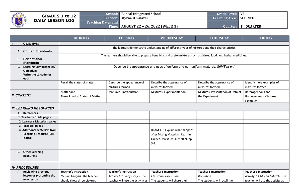 Dll Science-6 Q1 W1 - None - Grades 1 To 12 Daily Lesson Log School 