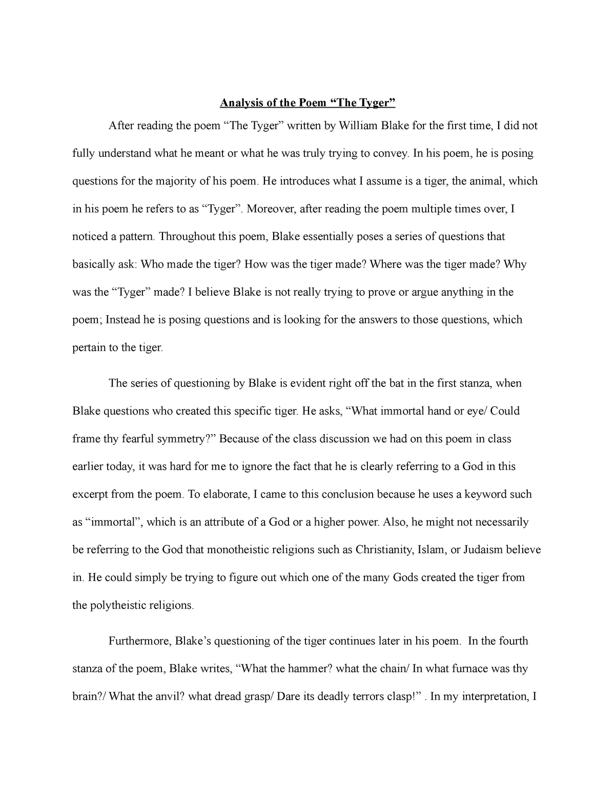 summary of the tiger by william blake