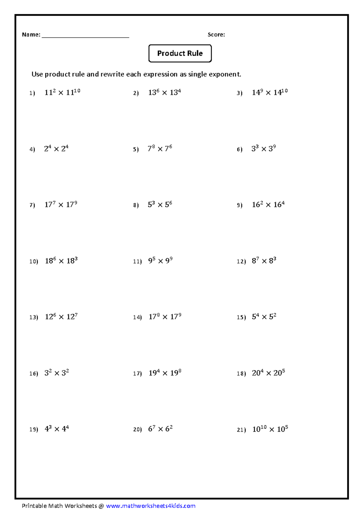 1.5 Product rule practice (basics) - Name ...