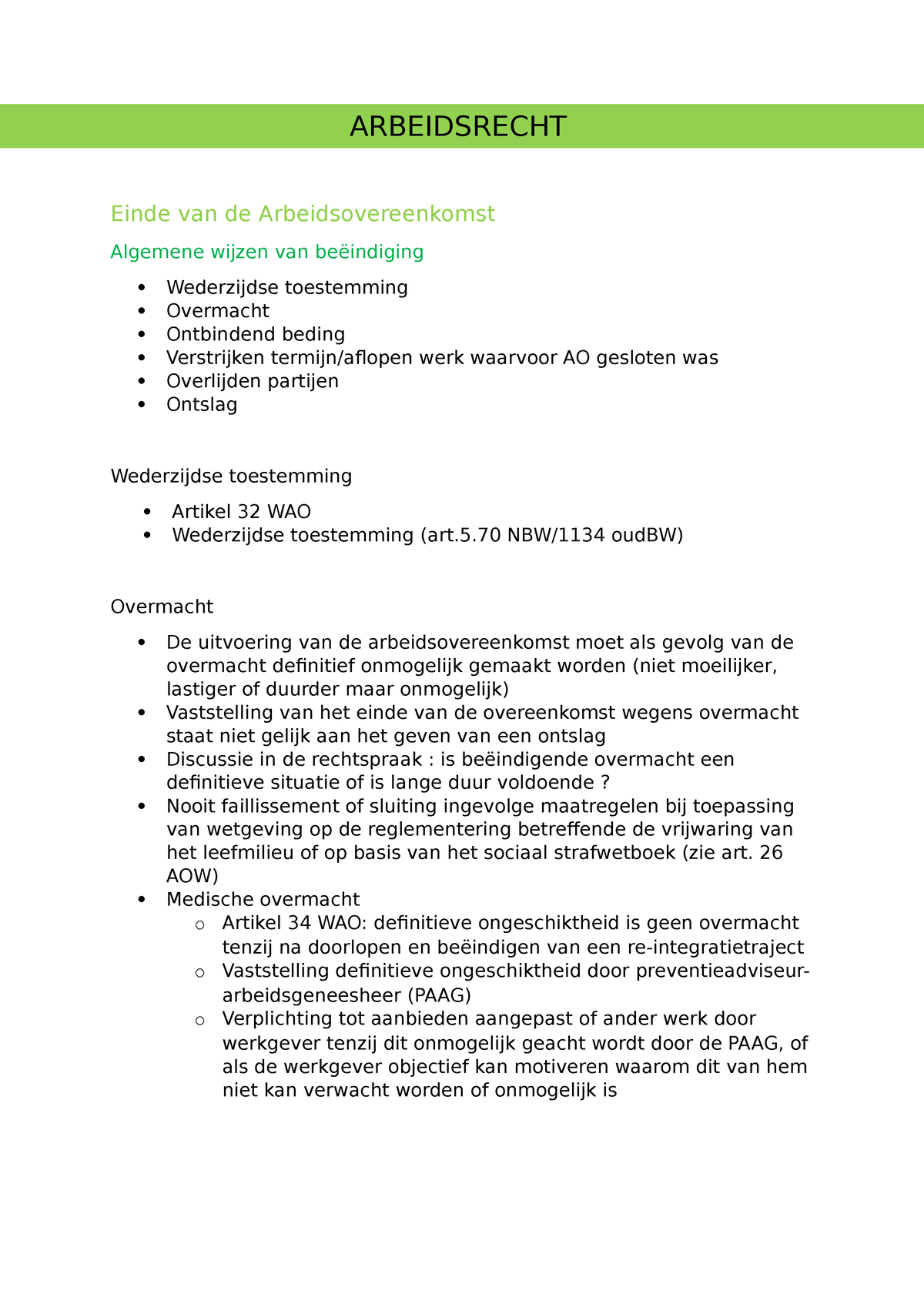 AR - Samenvatting Einde Arbeidsovereenkomst - ARBEIDSRECHT Einde Van De ...