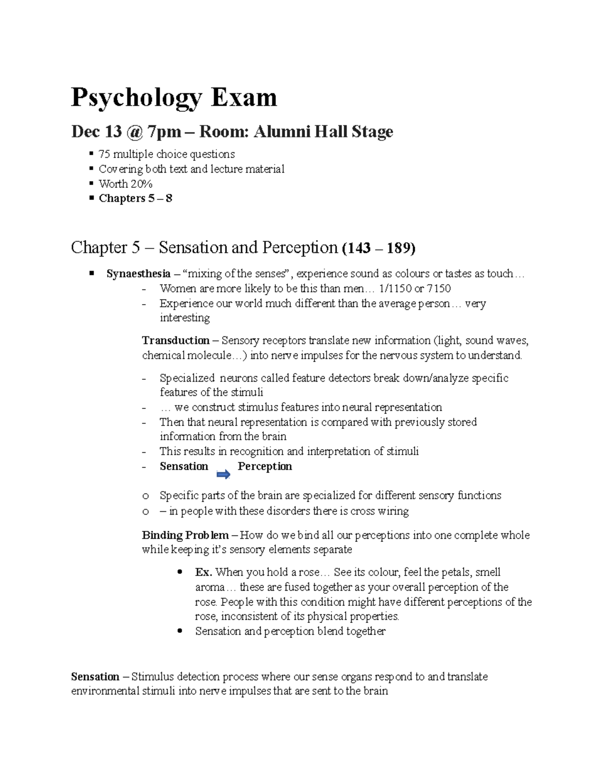 Chapter 5 – Sensation and Perception - Psychology Exam Dec 13 @ 7pm ...