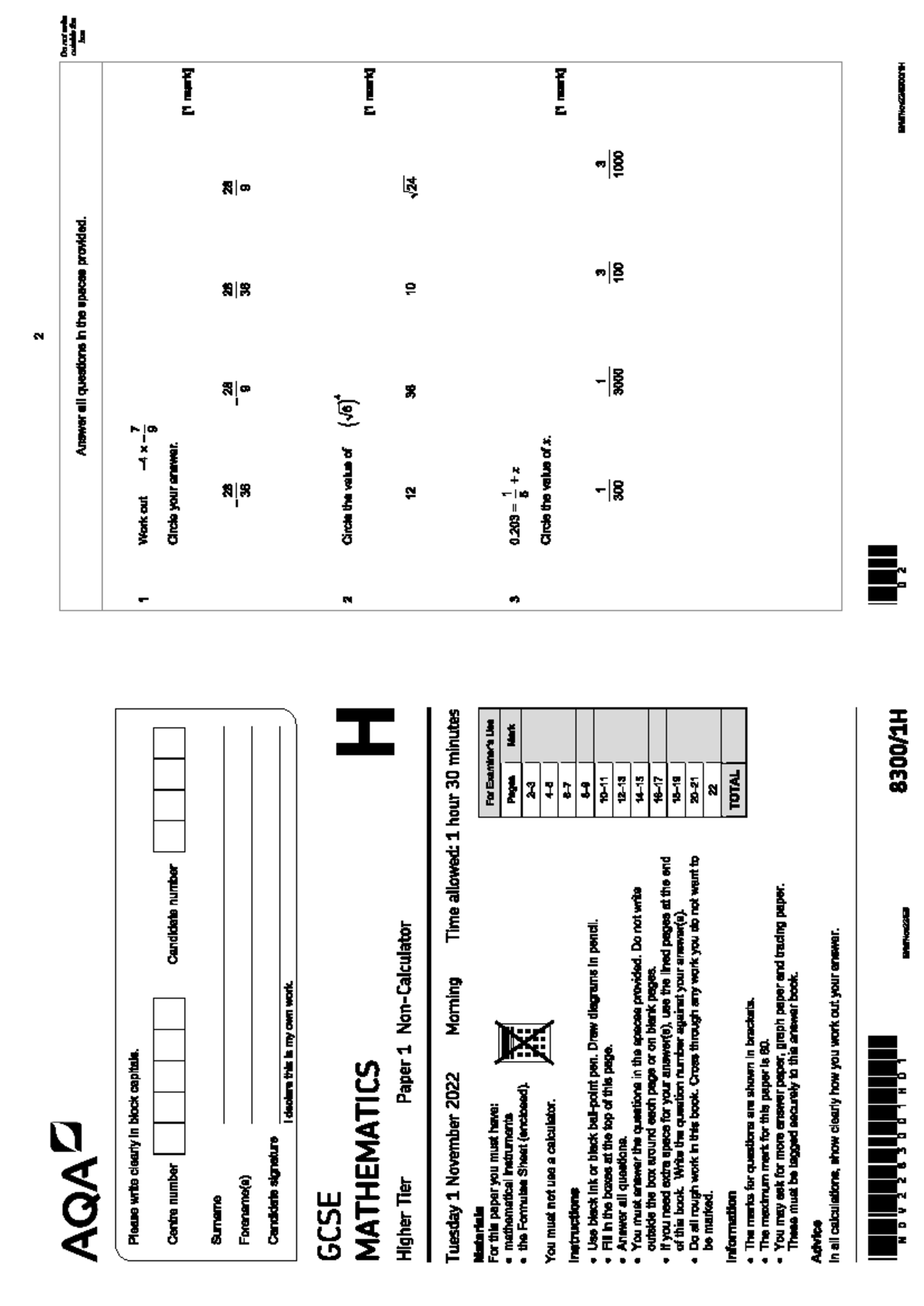 PAST Paper NON CALC - MATHS NON CALC AQA P1H - 2 Do not write AQA ...