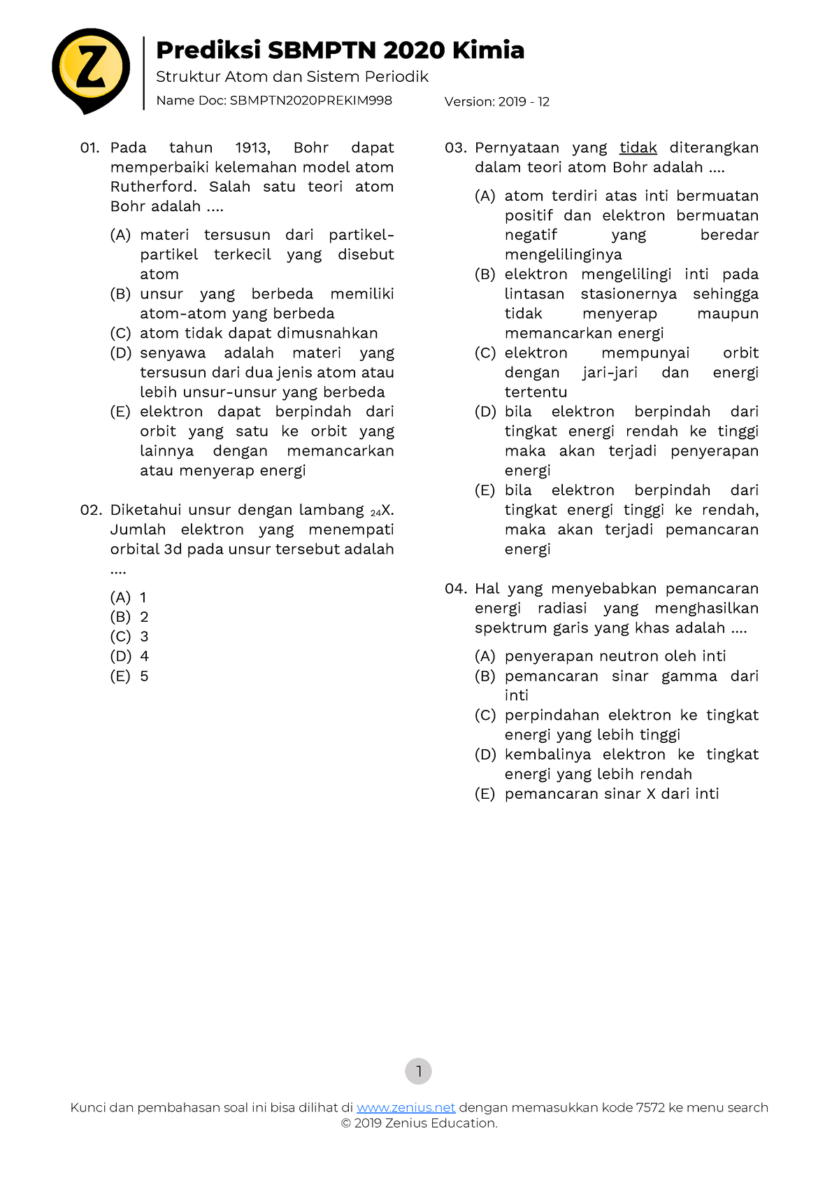 Latihan Soal Struktur Atom Dan Sistem Periodik Set 2 Sbmptn 2020 Prekim 998 5de86ec8 1