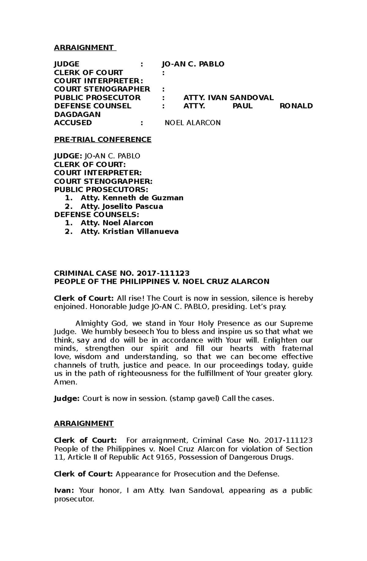 Arraignment Script ARRAIGNMENT JUDGE JO AN C PABLO CLERK OF COURT