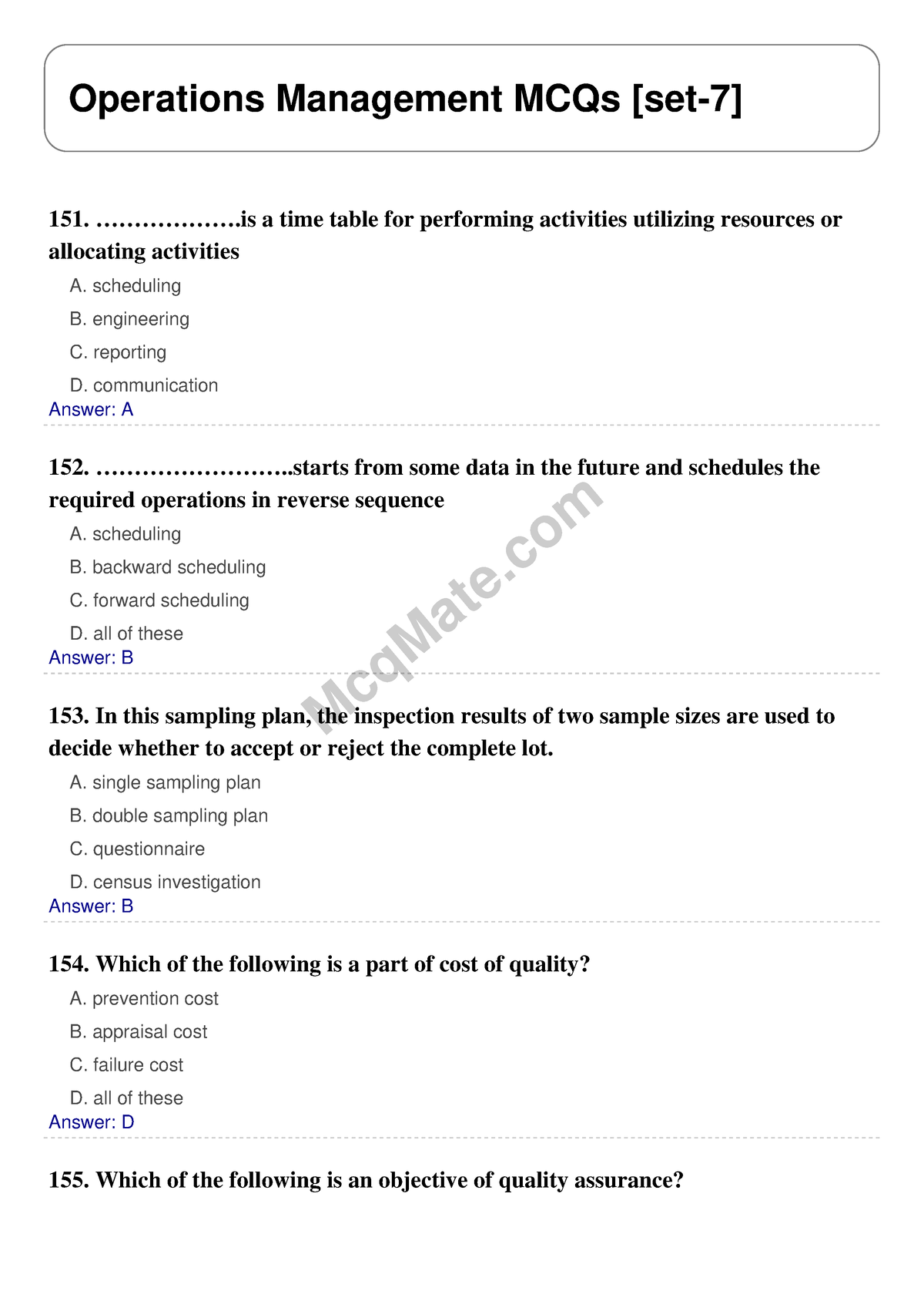 Operations Management Solved MCQs [set-7] Mcq Mate.com - McqMate ...