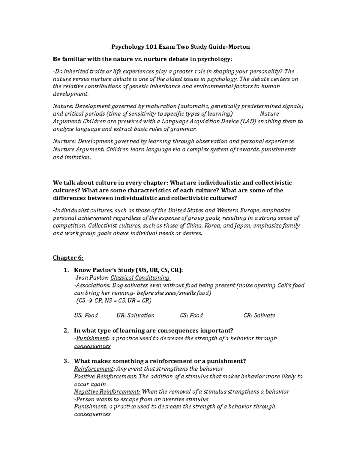 Psych Exam Two Study Guide StuDocu