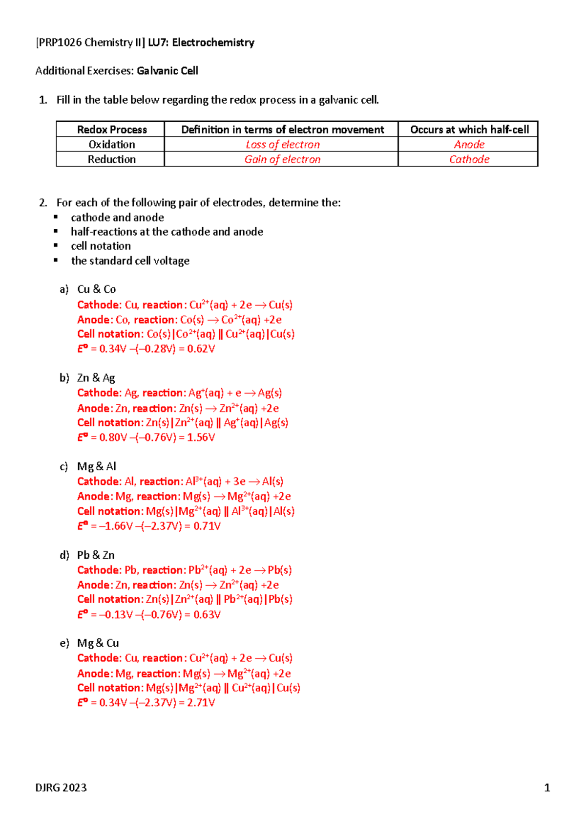 PRP1026 LU7 Electrochemistry Additional Exercises (Lectures 1 3