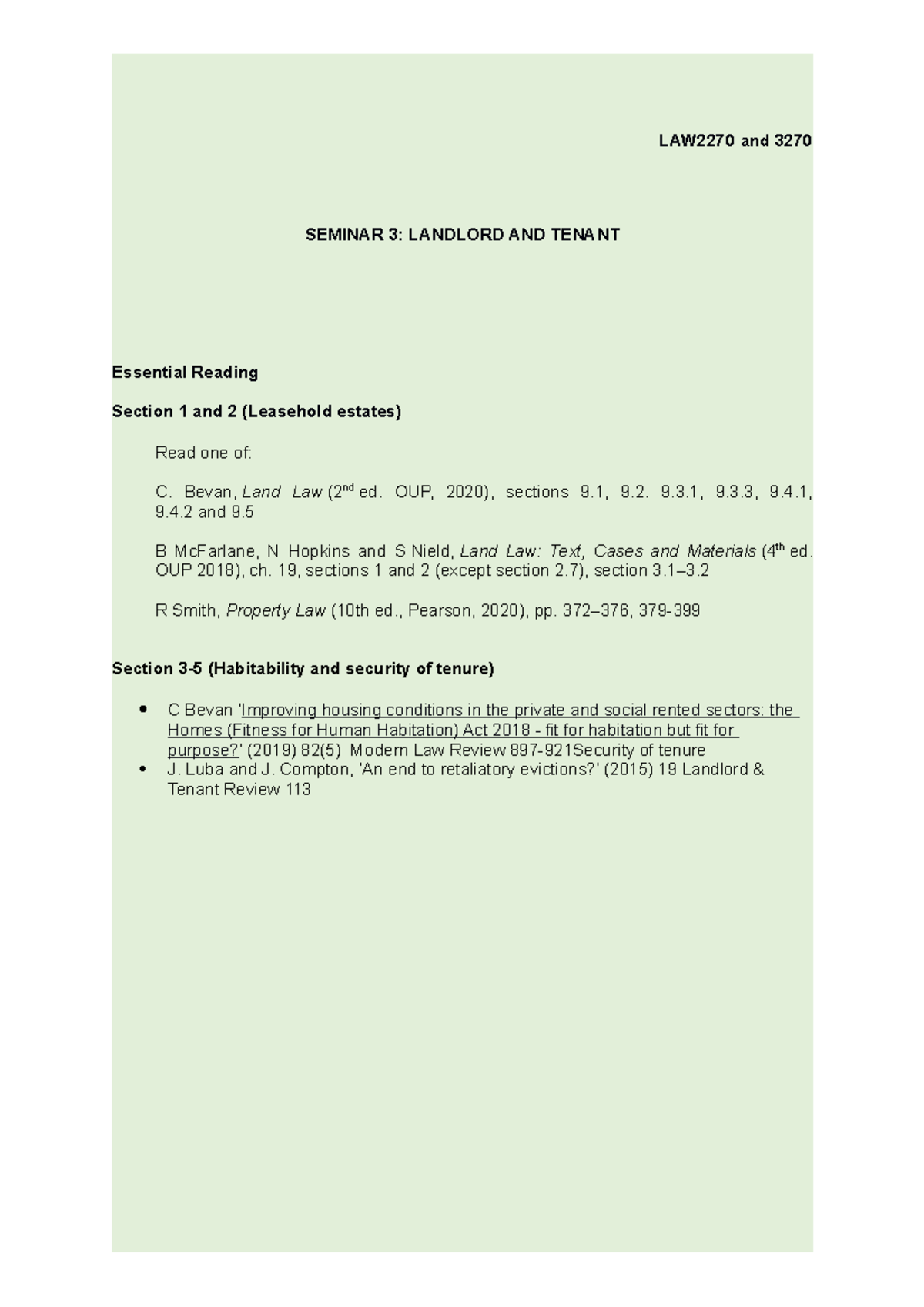 Landlord And Tenant - LAW2270 And 3270 SEMINAR 3: LANDLORD AND TENANT ...