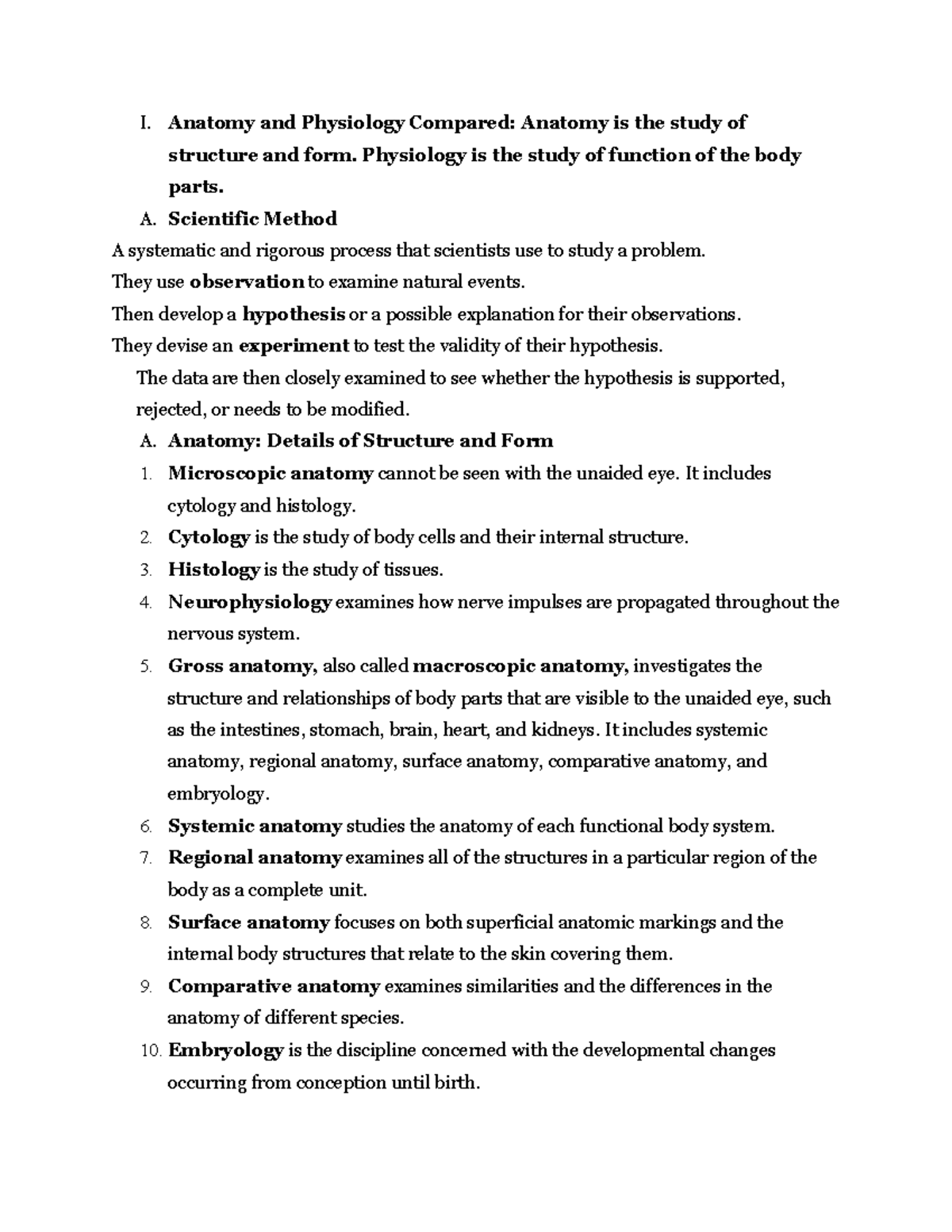 BIO 430 Chapter 1 Notes - I. Anatomy and Physiology Compared: Anatomy ...