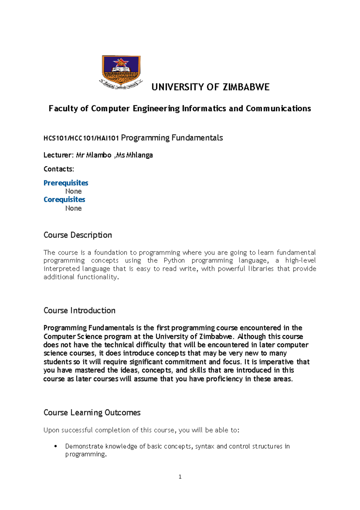Programming Fundamentals course outlines - UNIVERSITY OF ZIMBABWE