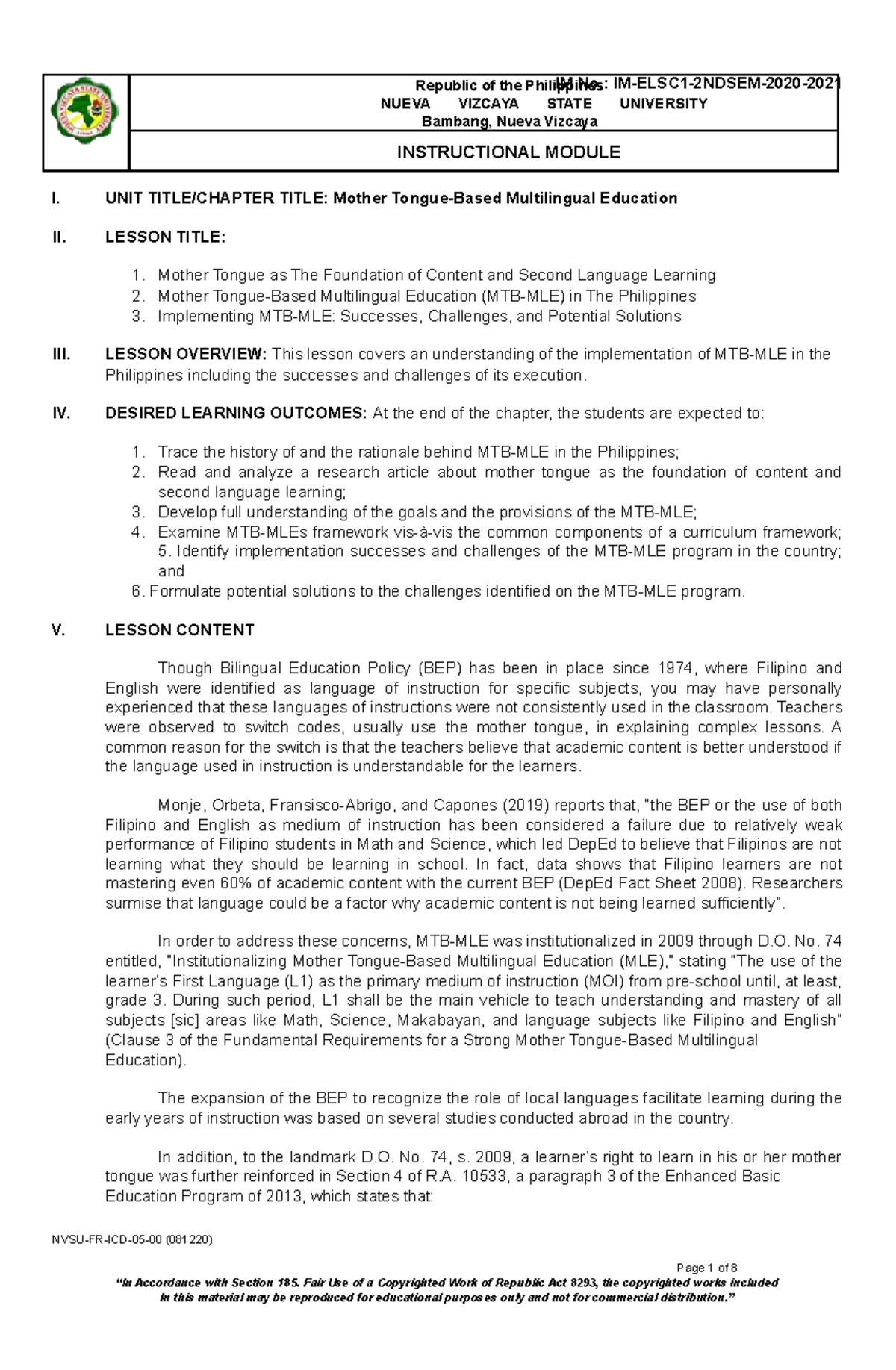 Policies And Programs 4-1 - I. Unit Title Chapter Title: Mother Tongue 