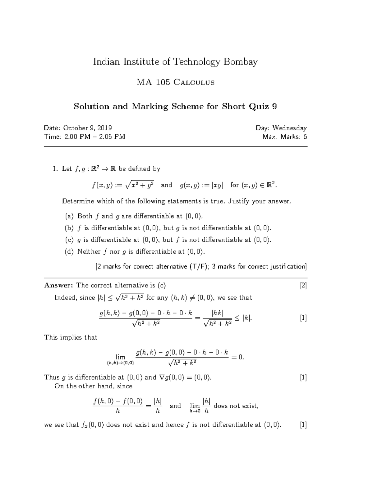 MA105 Short Quiz 9 Paper & Solution - Indian Institute Of Technology ...